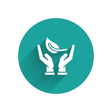 Uzun gölge ile izole çevre koruma simgesi elinde Beyaz Filiz. Tohum ve fide. Fidan dikimi. Ekoloji kavramı. Yeşil daire düğmesi. Vektör İllüstrasyonu