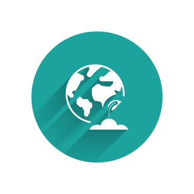 Beyaz Dünya küresi ve bitki ikonu uzun gölgeli izole edilmiş. Dünya ya da Dünya işareti. Geometrik şekiller. Çevresel konsept. Yeşil daire düğmesi. Vektör İllüstrasyonu