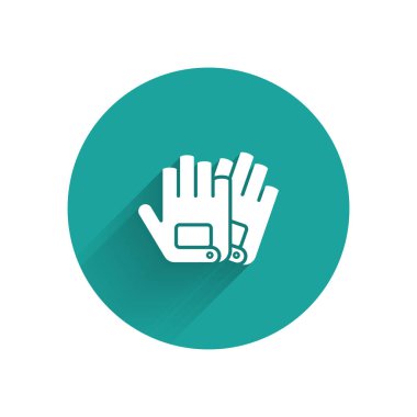 Beyaz Eldiven simgesi uzun gölgeyle izole edildi. Olağanüstü bir spor. Spor malzemeleri. Yeşil daire düğmesi. Vektör İllüstrasyonu