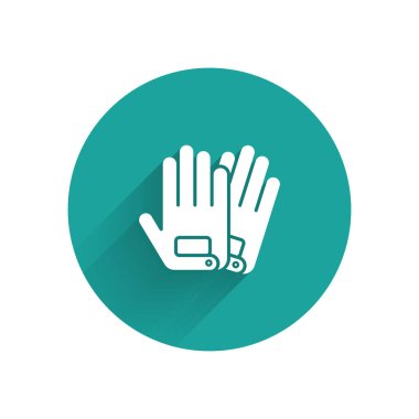 Beyaz Eldiven simgesi uzun gölgeyle izole edildi. Olağanüstü bir spor. Spor malzemeleri. Yeşil daire düğmesi. Vektör İllüstrasyonu