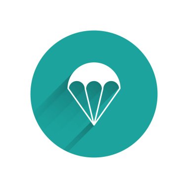 Beyaz Paraşüt simgesi uzun gölgeli izole edilmiş. Olağanüstü bir spor. Spor malzemeleri. Yeşil daire düğmesi. Vektör İllüstrasyonu