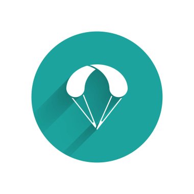 Beyaz Paraşüt simgesi uzun gölgeli izole edilmiş. Olağanüstü bir spor. Spor malzemeleri. Yeşil daire düğmesi. Vektör İllüstrasyonu