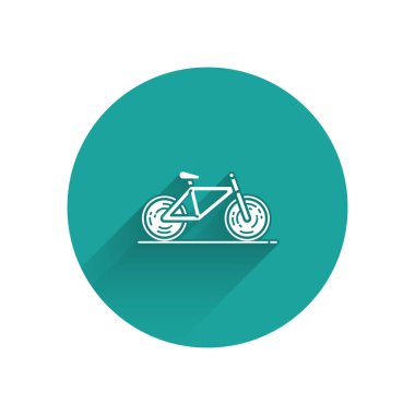 Uzun gölgeli beyaz bisiklet ikonu. Bisiklet yarışı. Olağanüstü bir spor. Spor malzemeleri. Yeşil daire düğmesi. Vektör İllüstrasyonu