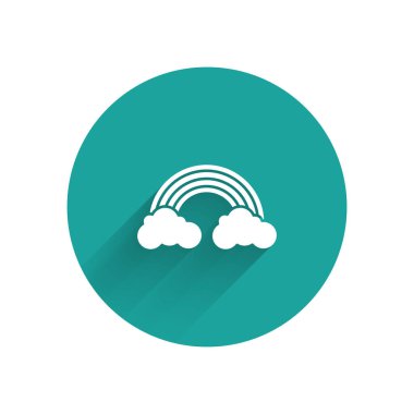 Bulutlu beyaz gökkuşağı uzun gölgeli izole edilmiş. Yeşil daire düğmesi. Vektör İllüstrasyonu