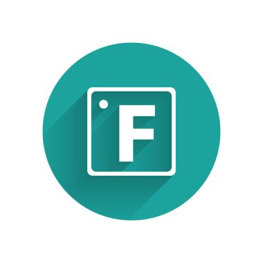 Beyaz Fahrenheit simgesi uzun gölgeli izole edilmiş. Yeşil daire düğmesi. Vektör İllüstrasyonu