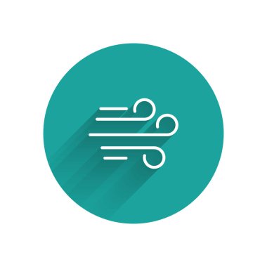 Beyaz Rüzgar simgesi uzun gölgeli izole edilmiş. Rüzgarlı bir hava. Yeşil daire düğmesi. Vektör İllüstrasyonu