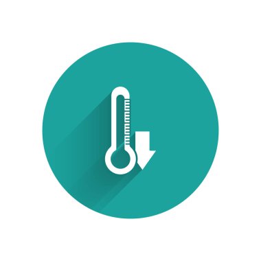 Beyaz termometre simgesi uzun gölgeli izole edilmiş. Yeşil daire düğmesi. Vektör İllüstrasyonu