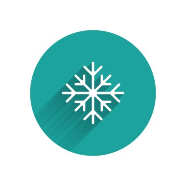 Beyaz Kar Tanesi simgesi uzun gölgeli izole edilmiş. Yeşil daire düğmesi. Vektör İllüstrasyonu