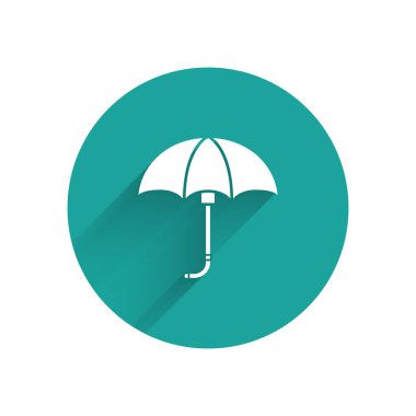 Beyaz klasik açık şemsiye simgesi uzun gölgeli izole edilmiş. Yağmur koruma sembolü. Yeşil daire düğmesi. Vektör İllüstrasyonu