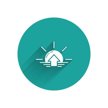 Beyaz Gündoğumu simgesi uzun gölgeli. Yeşil daire düğmesi. Vektör İllüstrasyonu