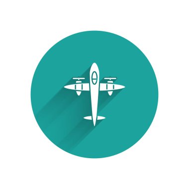 Beyaz eski antika uçak ikonu uzun gölgeli izole edilmiş. Uçan uçak ikonu. Uçak tabelası. Yeşil daire düğmesi. Vektör İllüstrasyonu