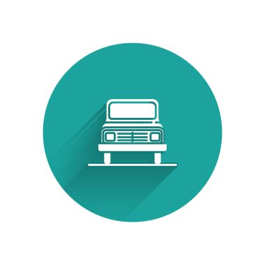White Car icon isolated with long shadow. Front view. Green circle button. Vector Illustration