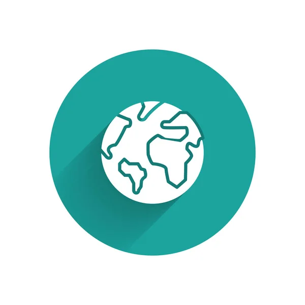 Біла земна куля ікона ізольована з довгою тінню. Світу або землі знаком. Глобальний Інтернет-символ. Геометричні фігури. Кнопка "зелене коло". Векторна ілюстрація — стоковий вектор