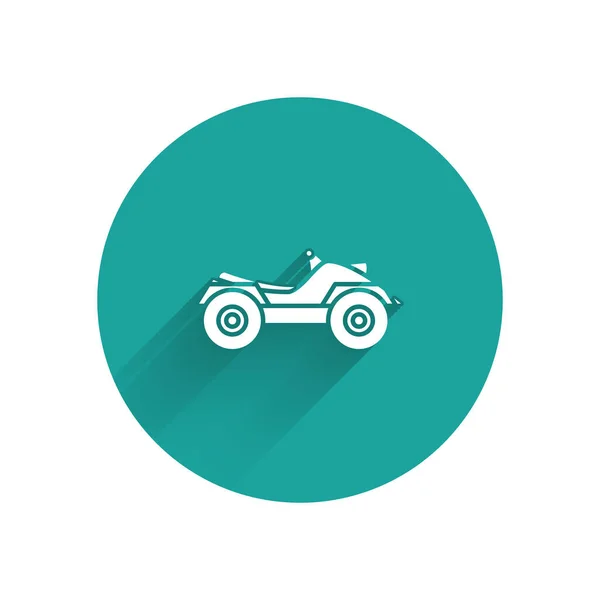 White All Terrain Vehicle or ATV motorcycle icon isolated with long shadow. Quad bike. Extreme sport. Green circle button. Vector Illustration — Stock Vector