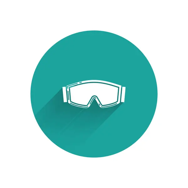 Icono de gafas de esquí blancas aisladas con sombra larga. Deporte extremo. Equipamiento deportivo. Botón círculo verde. Ilustración vectorial — Vector de stock