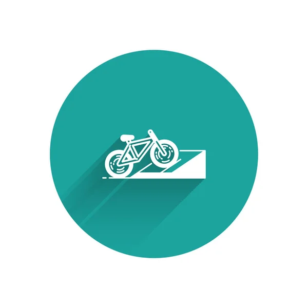 White Bicycle on street ramp icon isolated with long shadow. Skate park. Extreme sport. Sport equipment. Green circle button. Vector Illustration