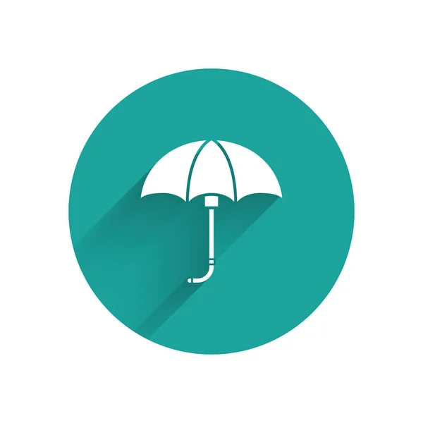 Blanc Classique élégant ouvert icône parapluie isolé avec une ombre longue. Symbole de protection pluie. Bouton rond vert. Illustration vectorielle — Image vectorielle