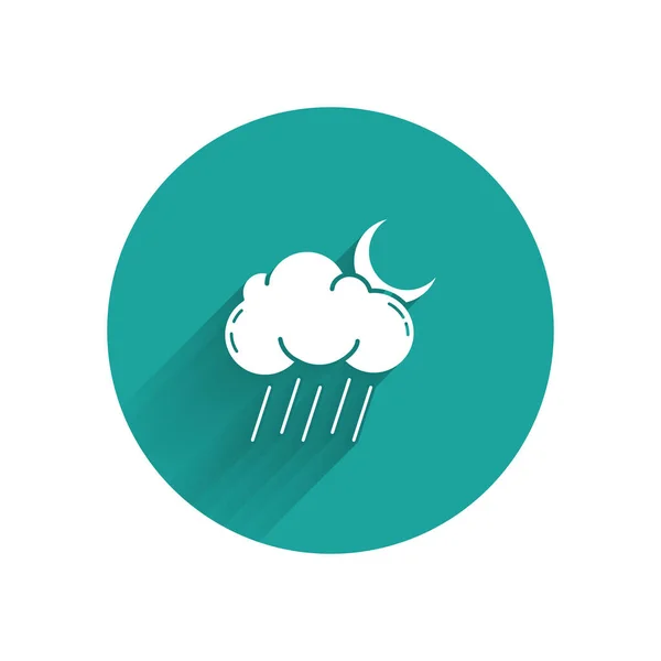 Weiße Wolke mit Regen und Mondsymbol isoliert mit langem Schatten. Regenwolken Niederschlag mit Regentropfen. grüner Kreis-Knopf. Vektorillustration — Stockvektor