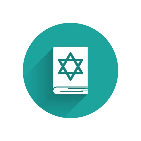 Λευκή εβραϊκή εικόνα βιβλίου torah απομονωμένη με μεγάλη σκιά. Πεντάτευχος του Μωυσή. Στο εξώφυλλο της Βίβλου είναι η εικόνα του Άστρου του Δαβίδ. Πράσινο κουμπί κύκλου. Εικονογράφηση διανύσματος — Διανυσματικό Αρχείο