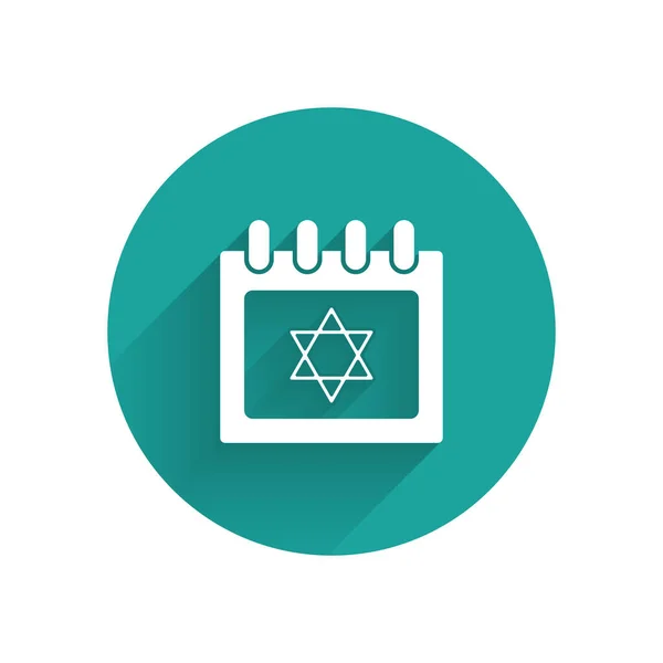 Calendrier juif blanc avec étoile de l'icône de David isolé avec une longue ombre. Hanoukka jour calendrier. Bouton rond vert. Illustration vectorielle — Image vectorielle