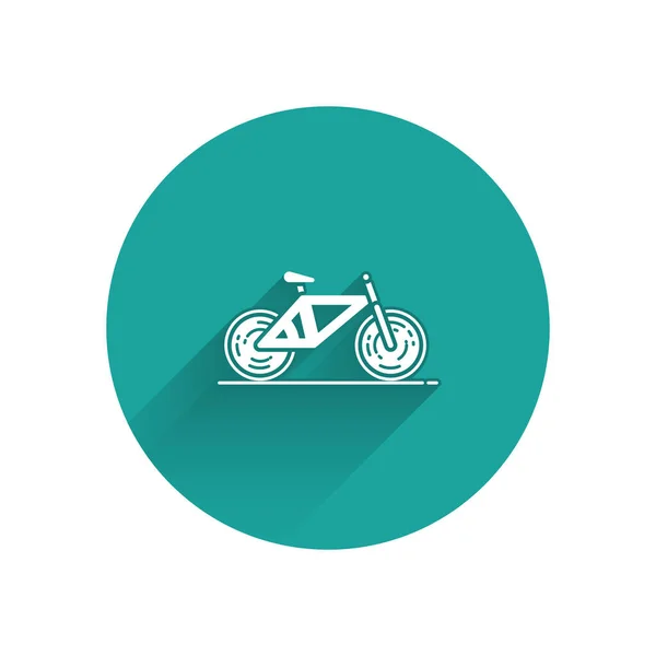Icono de Bicicleta Blanca aislado con sombra larga. Carrera de bicicletas. Deporte extremo. Equipamiento deportivo. Botón círculo verde. Ilustración vectorial — Archivo Imágenes Vectoriales
