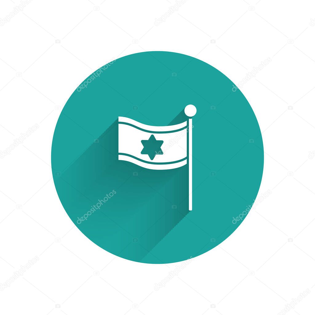 White Flag of Israel icon isolated with long shadow. National patriotic symbol. Green circle button. Vector Illustration