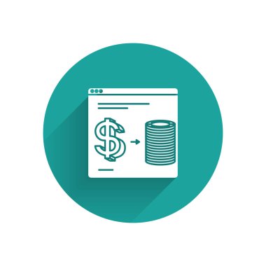 White Online kumarhane fişleri, uzun gölgeli izole edilmiş bir yığın dolar ikonu üzerinde değiş tokuş yapıyor. Yeşil daire düğmesi. Vektör İllüstrasyonu