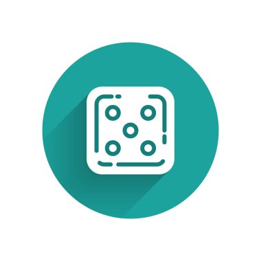White Game dice icon isolated with long shadow. Casino gambling. Green circle button. Vector Illustration
