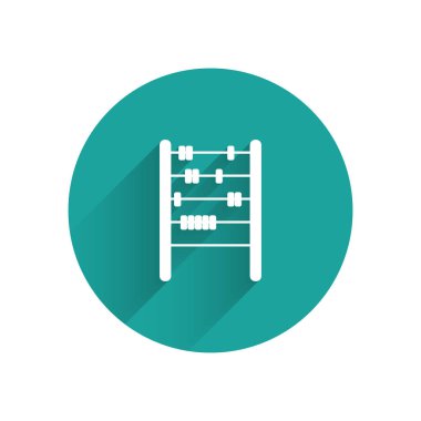 White Abacus icon isolated with long shadow. Traditional counting frame. Education sign. Mathematics school. Green circle button. Vector Illustration