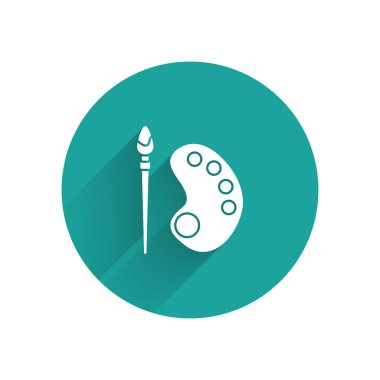 White Paint brush with palette icon isolated with long shadow. Green circle button. Vector Illustration