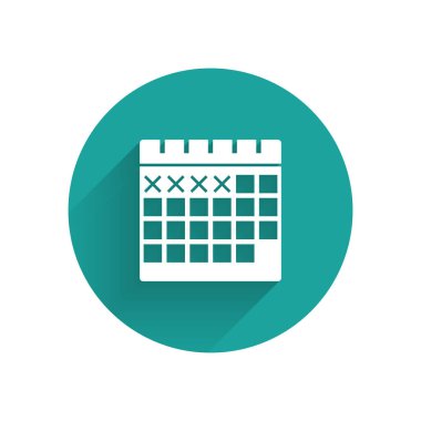 Beyaz Takvim simgesi uzun gölgede izole edildi. Yeşil daire düğmesi. Vektör İllüstrasyonu