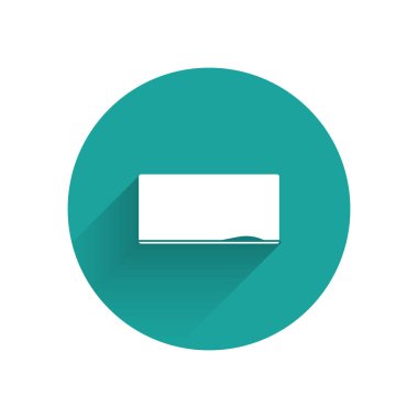 Beyaz Halka tahta simgesi uzun gölgeli izole edilmiş. Okul karatahtası. Yeşil daire düğmesi. Vektör İllüstrasyonu