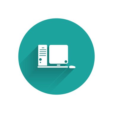 Uzun gölgeli klavye ve fare simgesine sahip beyaz bilgisayar monitörü. Bilgisayar bileşeni işareti. Yeşil daire düğmesi. Vektör İllüstrasyonu