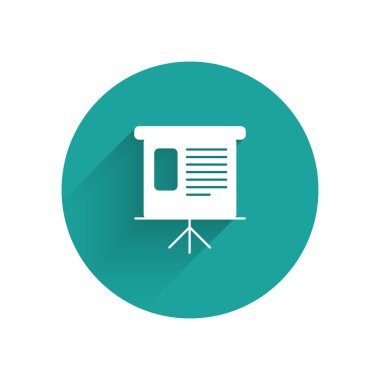 Beyaz sunum mali iş kurulu grafik, program, grafik, diyagram, İnfografik, pasta grafik simgesi uzun gölge ile izole. Yeşil daire düğmesi. Vektör Illustration