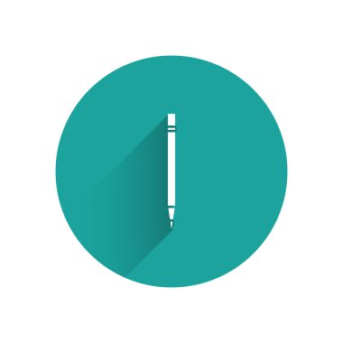 Silgiyle beyaz kalem ve uzun gölgeli çizgi simgesi. Çizim ve eğitim araçları. Okul sembolü. Yeşil daire düğmesi. Vektör İllüstrasyonu