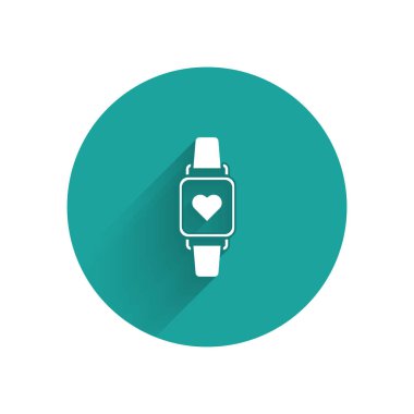 Beyaz Akıllı saat kalp atışı simgesini uzun gölgeli gösteriyor. Fitness uygulaması konsepti. Yeşil daire düğmesi. Vektör İllüstrasyonu
