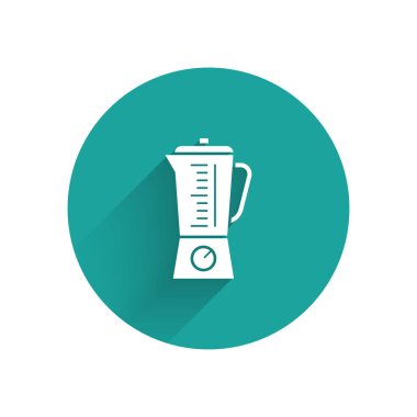 Beyaz karıştırıcı simgesi uzun gölgeli izole edilmiş. Mutfak elektrikli kırıcı ve kase. Meyve suyu, kokteyl ya da meyve suyu. Yeşil daire düğmesi. Vektör İllüstrasyonu