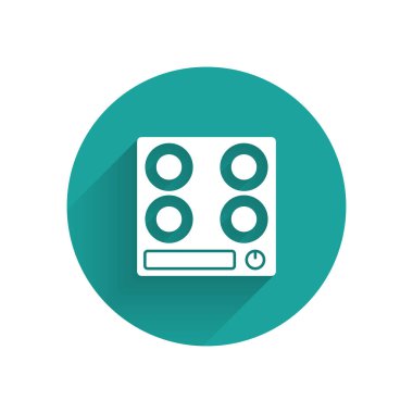 Uzun gölgeli beyaz gaz soba ikonu. Mutfak tabelaları. Dört daire ocağı olan bir hob. Yeşil daire düğmesi. Vektör İllüstrasyonu