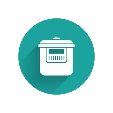 Beyaz Yavaş Pişirme ikonu uzun gölgeli izole edilmiş. Elektrikli tava. Yeşil daire düğmesi. Vektör İllüstrasyonu