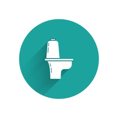 Beyaz klozet ikonu uzun gölgeli izole edilmiş. Yeşil daire düğmesi. Vektör İllüstrasyonu