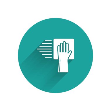 Beyaz Temizlik servisi simgesi uzun gölgeli izole edildi. Yeşil daire düğmesi. Vektör İllüstrasyonu