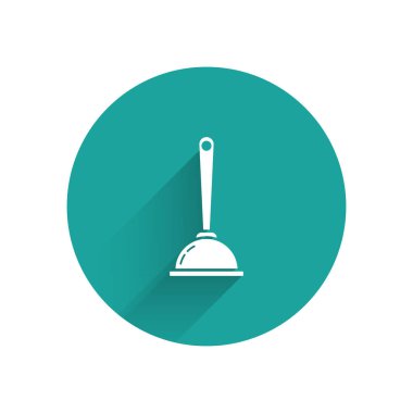 Boru temizleme ikonu için ahşap saplı, uzun gölgeli, beyaz kauçuk pompa. Tuvalet pompası. Yeşil daire düğmesi. Vektör İllüstrasyonu