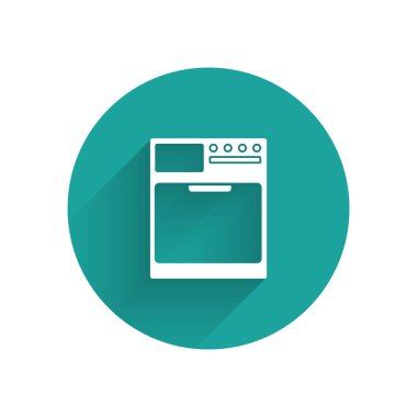 Beyaz Yıkama simgesi uzun gölgeli izole edilmiş. Çamaşır makinesi simgesi. Çamaşır makinesi, çamaşır makinesi. Ev aletleri sembolü. Yeşil daire düğmesi. Vektör İllüstrasyonu