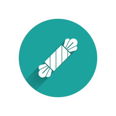 Beyaz Şeker ikonu uzun gölgeli. Mutlu Cadılar Bayramı Partisi. Yeşil daire düğmesi. Vektör İllüstrasyonu