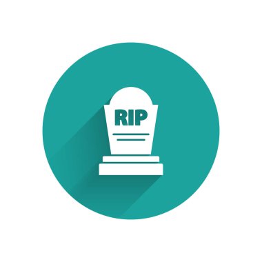 Üzerinde Rip yazan Beyaz Tombstone simgesi uzun gölgelerle izole edilmiş. Mezar ikonu. Yeşil daire düğmesi. Vektör İllüstrasyonu
