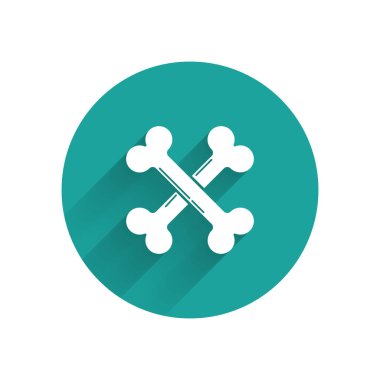 Beyaz haçlı kemikler uzun gölgeli izole edilmiş. Besin sembolü. Mutlu Cadılar Bayramı Partisi. Yeşil daire düğmesi. Vektör İllüstrasyonu