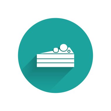 Beyaz Kek simgesi uzun gölgeli izole edilmiş. Doğum günün kutlu olsun. Yeşil daire düğmesi. Vektör İllüstrasyonu