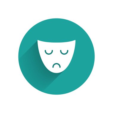 Beyaz Tiyatro Maskesi ikonu uzun gölgeli izole edilmiş. Yeşil daire düğmesi. Vektör İllüstrasyonu