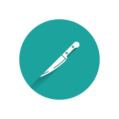 Beyaz bıçak simgesi uzun gölge ile yalıtılmış. Çatal bıçak sembolü. Yeşil daire düğmesi. Vektör Illustration
