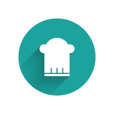 Beyaz Şef şapka ikonu uzun gölgeli izole edilmiş. Aşçılık sembolü. Aşçı şapkası. Yeşil daire düğmesi. Vektör İllüstrasyonu